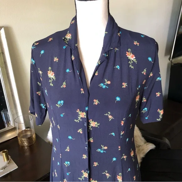 Vtg Eddie Bauer navy floral cottagecore prairie midi shirt dress button down M - Picture 2 of 13